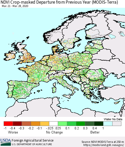 Europe Cropland NDVI Departure from Previous Year (Terra-MODIS) Thematic Map For 3/21/2020 - 3/31/2020