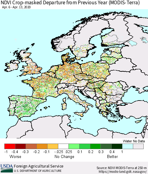 Europe Cropland NDVI Departure from Previous Year (Terra-MODIS) Thematic Map For 4/11/2020 - 4/20/2020