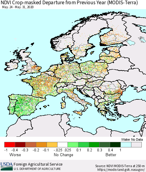 Europe Cropland NDVI Departure from Previous Year (Terra-MODIS) Thematic Map For 5/21/2020 - 5/31/2020