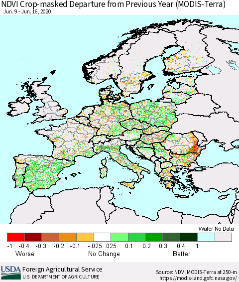 Europe Cropland NDVI Departure from Previous Year (Terra-MODIS) Thematic Map For 6/11/2020 - 6/20/2020