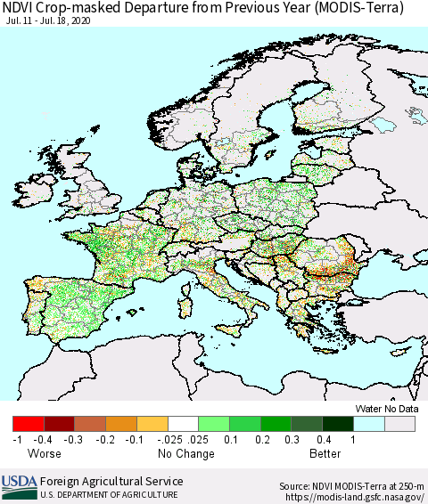 Europe Cropland NDVI Departure from Previous Year (Terra-MODIS) Thematic Map For 7/11/2020 - 7/20/2020