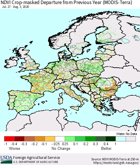 Europe Cropland NDVI Departure from Previous Year (Terra-MODIS) Thematic Map For 8/1/2020 - 8/10/2020