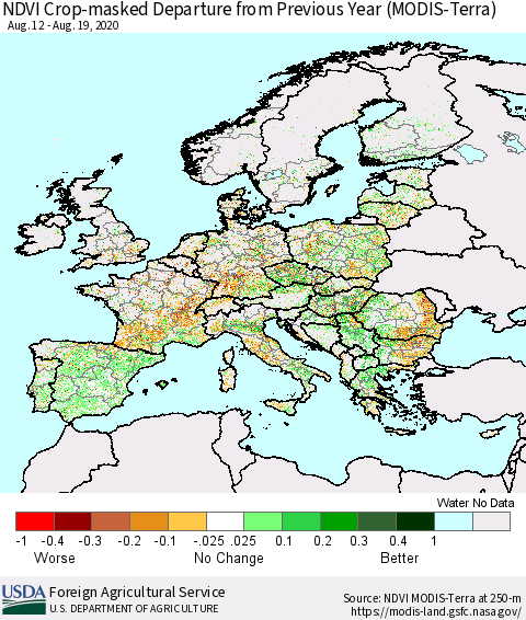 Europe Cropland NDVI Departure from Previous Year (Terra-MODIS) Thematic Map For 8/11/2020 - 8/20/2020