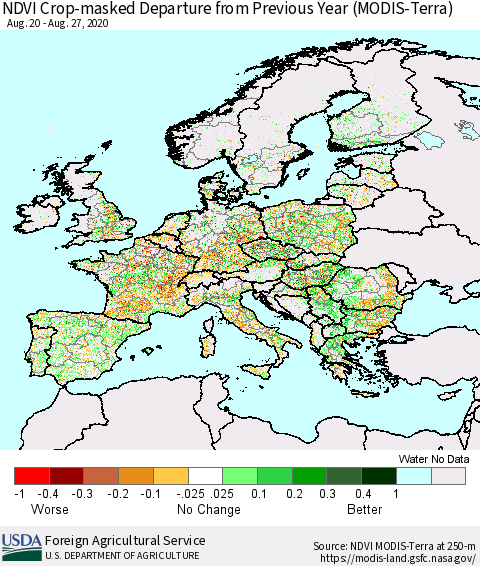 Europe Cropland NDVI Departure from Previous Year (Terra-MODIS) Thematic Map For 8/21/2020 - 8/31/2020