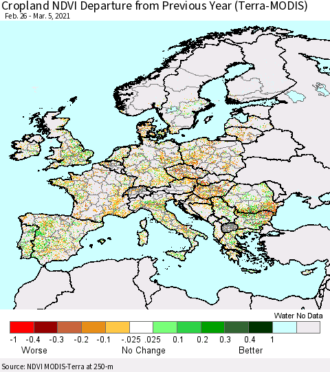 Europe Cropland NDVI Departure from Previous Year (Terra-MODIS) Thematic Map For 2/26/2021 - 3/5/2021