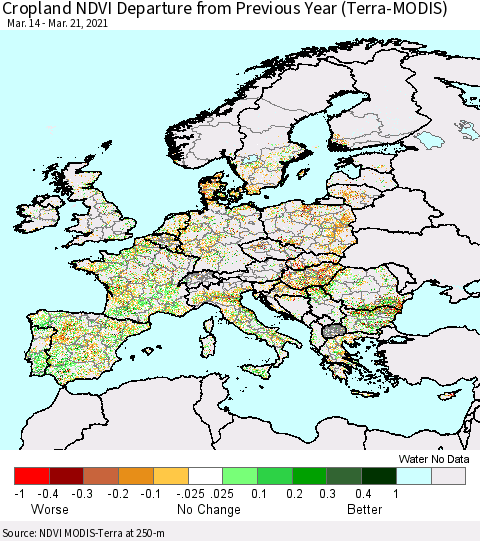 Europe Cropland NDVI Departure from Previous Year (Terra-MODIS) Thematic Map For 3/14/2021 - 3/21/2021