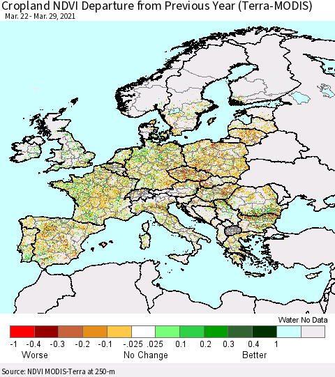 Europe Cropland NDVI Departure from Previous Year (Terra-MODIS) Thematic Map For 3/22/2021 - 3/29/2021