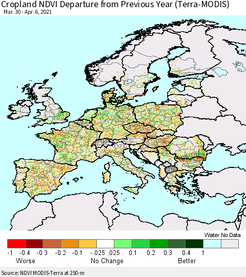 Europe Cropland NDVI Departure from Previous Year (Terra-MODIS) Thematic Map For 3/30/2021 - 4/6/2021