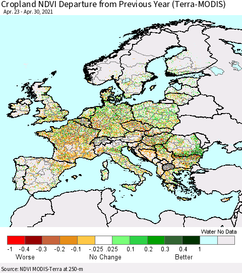 Europe Cropland NDVI Departure from Previous Year (Terra-MODIS) Thematic Map For 4/23/2021 - 4/30/2021