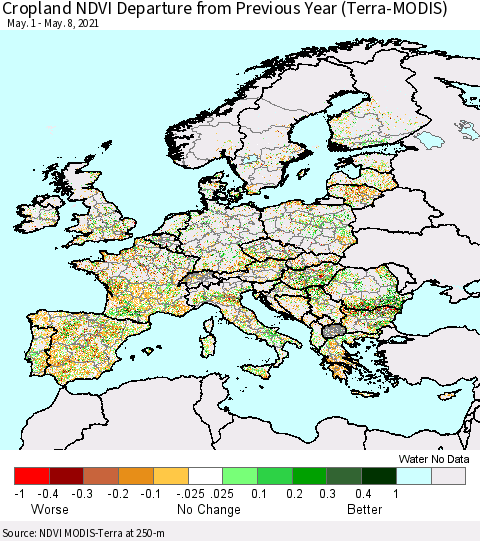 Europe Cropland NDVI Departure from Previous Year (Terra-MODIS) Thematic Map For 5/1/2021 - 5/8/2021