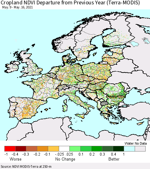 Europe Cropland NDVI Departure from Previous Year (Terra-MODIS) Thematic Map For 5/9/2021 - 5/16/2021