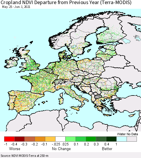 Europe Cropland NDVI Departure from Previous Year (Terra-MODIS) Thematic Map For 5/25/2021 - 6/1/2021