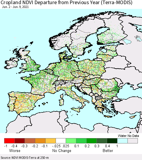 Europe Cropland NDVI Departure from Previous Year (Terra-MODIS) Thematic Map For 6/2/2021 - 6/9/2021