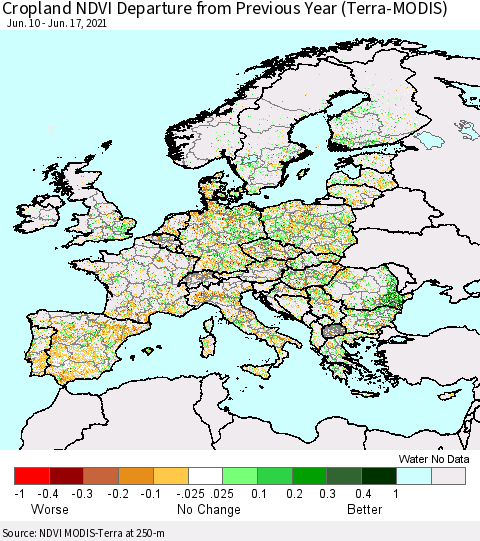 Europe Cropland NDVI Departure from Previous Year (Terra-MODIS) Thematic Map For 6/10/2021 - 6/17/2021