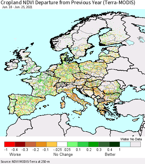 Europe Cropland NDVI Departure from Previous Year (Terra-MODIS) Thematic Map For 6/18/2021 - 6/25/2021