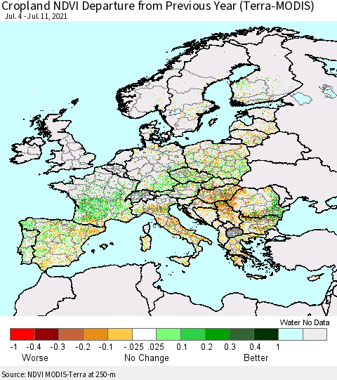 Europe Cropland NDVI Departure from Previous Year (Terra-MODIS) Thematic Map For 7/4/2021 - 7/11/2021