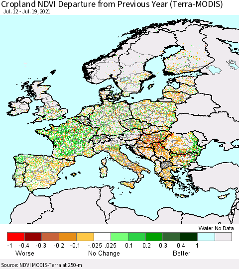 Europe Cropland NDVI Departure from Previous Year (Terra-MODIS) Thematic Map For 7/12/2021 - 7/19/2021