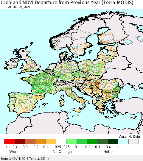 Europe Cropland NDVI Departure from Previous Year (Terra-MODIS) Thematic Map For 7/20/2021 - 7/27/2021