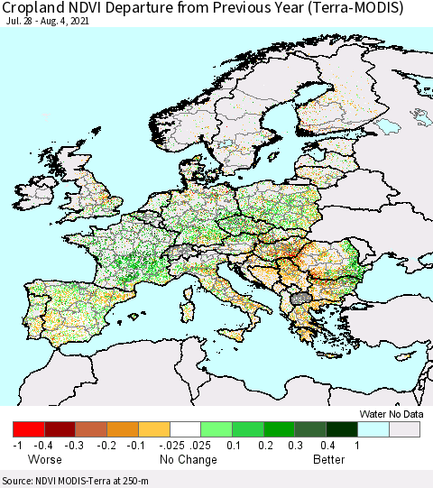 Europe Cropland NDVI Departure from Previous Year (Terra-MODIS) Thematic Map For 7/28/2021 - 8/4/2021