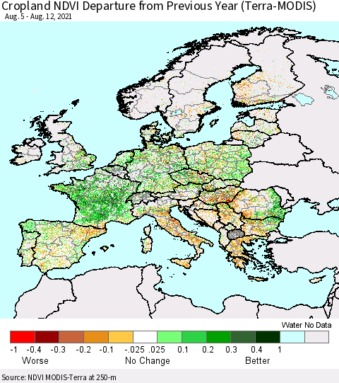 Europe Cropland NDVI Departure from Previous Year (Terra-MODIS) Thematic Map For 8/5/2021 - 8/12/2021