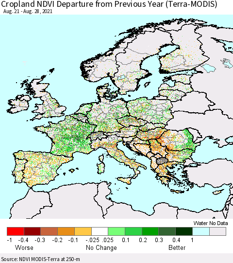 Europe Cropland NDVI Departure from Previous Year (Terra-MODIS) Thematic Map For 8/21/2021 - 8/28/2021