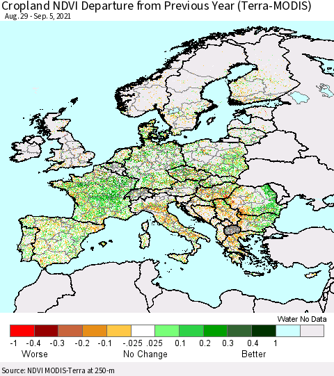 Europe Cropland NDVI Departure from Previous Year (Terra-MODIS) Thematic Map For 8/29/2021 - 9/5/2021