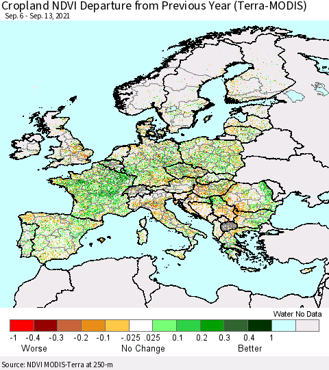Europe Cropland NDVI Departure from Previous Year (Terra-MODIS) Thematic Map For 9/6/2021 - 9/13/2021