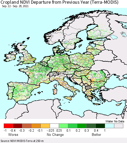 Europe Cropland NDVI Departure from Previous Year (Terra-MODIS) Thematic Map For 9/22/2021 - 9/29/2021