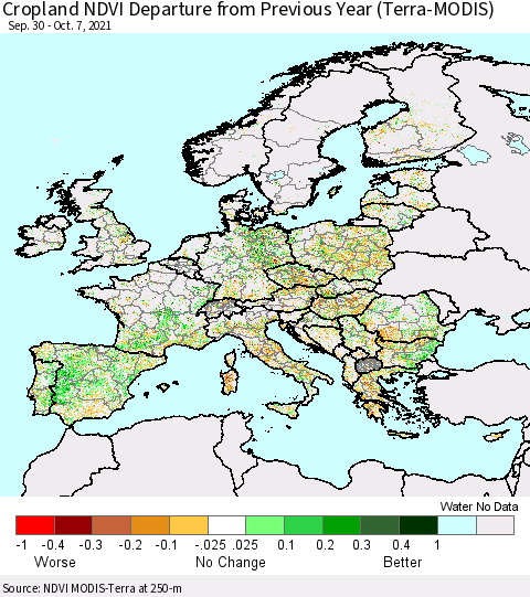 Europe Cropland NDVI Departure from Previous Year (Terra-MODIS) Thematic Map For 9/30/2021 - 10/7/2021