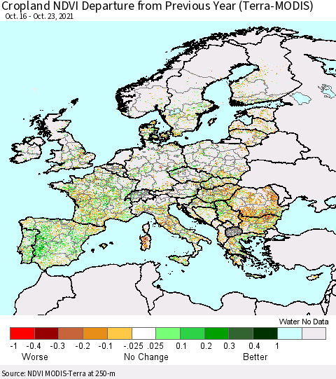 Europe Cropland NDVI Departure from Previous Year (Terra-MODIS) Thematic Map For 10/16/2021 - 10/23/2021