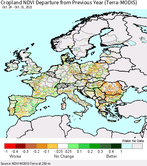 Europe Cropland NDVI Departure from Previous Year (Terra-MODIS) Thematic Map For 10/24/2021 - 10/31/2021