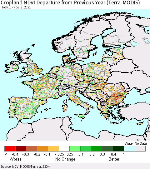 Europe Cropland NDVI Departure from Previous Year (Terra-MODIS) Thematic Map For 11/1/2021 - 11/8/2021