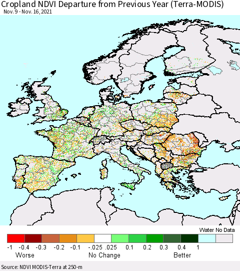 Europe Cropland NDVI Departure from Previous Year (Terra-MODIS) Thematic Map For 11/9/2021 - 11/16/2021