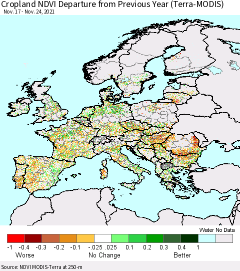 Europe Cropland NDVI Departure from Previous Year (Terra-MODIS) Thematic Map For 11/17/2021 - 11/24/2021
