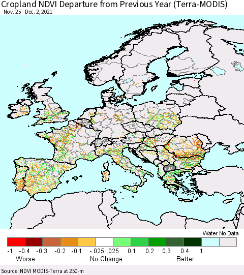 Europe Cropland NDVI Departure from Previous Year (Terra-MODIS) Thematic Map For 11/25/2021 - 12/2/2021