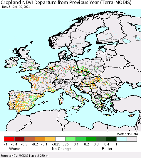 Europe Cropland NDVI Departure from Previous Year (Terra-MODIS) Thematic Map For 12/3/2021 - 12/10/2021