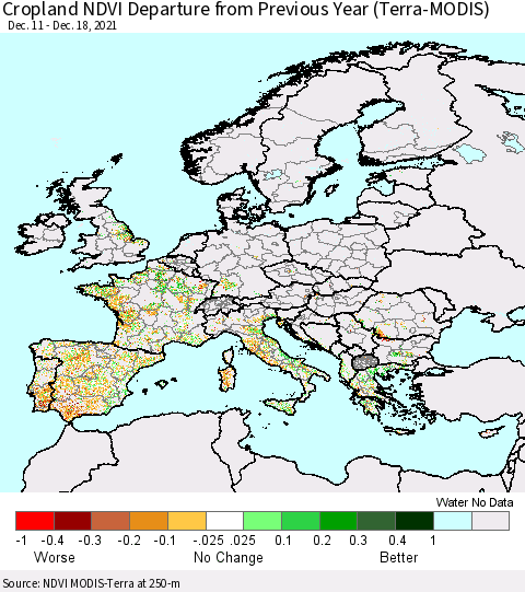 Europe Cropland NDVI Departure from Previous Year (Terra-MODIS) Thematic Map For 12/11/2021 - 12/18/2021