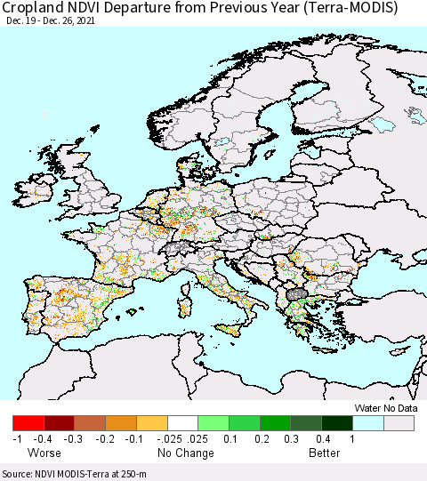 Europe Cropland NDVI Departure from Previous Year (Terra-MODIS) Thematic Map For 12/19/2021 - 12/26/2021
