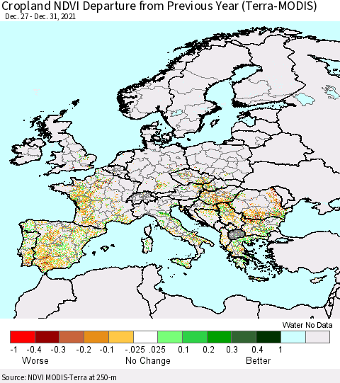 Europe Cropland NDVI Departure from Previous Year (Terra-MODIS) Thematic Map For 12/26/2021 - 1/2/2022