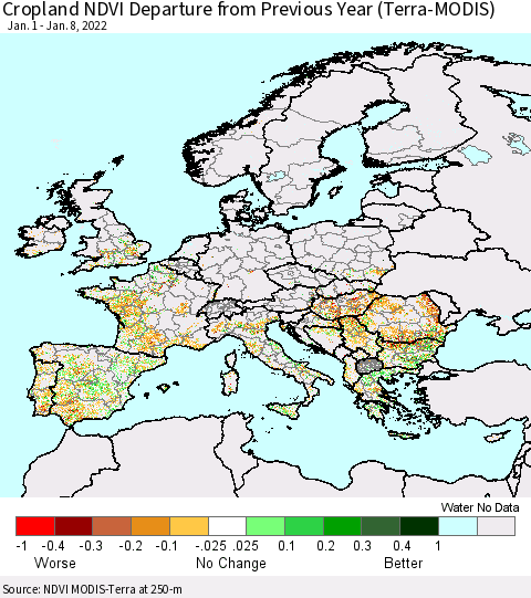 Europe Cropland NDVI Departure from Previous Year (Terra-MODIS) Thematic Map For 1/1/2022 - 1/8/2022