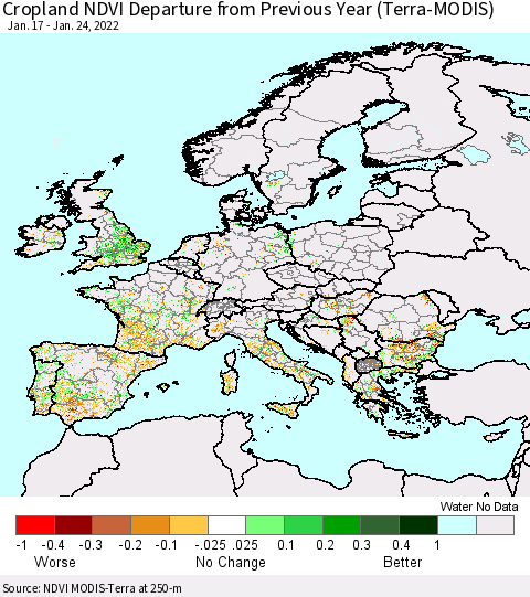 Europe Cropland NDVI Departure from Previous Year (Terra-MODIS) Thematic Map For 1/17/2022 - 1/24/2022