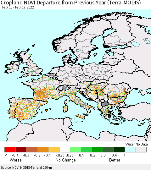 Europe Cropland NDVI Departure from Previous Year (Terra-MODIS) Thematic Map For 2/10/2022 - 2/17/2022