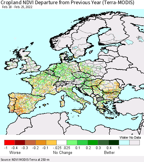 Europe Cropland NDVI Departure from Previous Year (Terra-MODIS) Thematic Map For 2/18/2022 - 2/25/2022