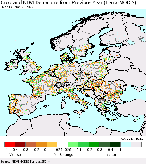 Europe Cropland NDVI Departure from Previous Year (Terra-MODIS) Thematic Map For 3/14/2022 - 3/21/2022
