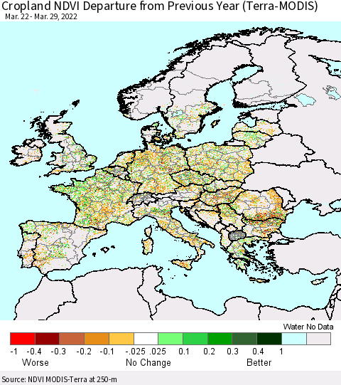 Europe Cropland NDVI Departure from Previous Year (Terra-MODIS) Thematic Map For 3/22/2022 - 3/29/2022