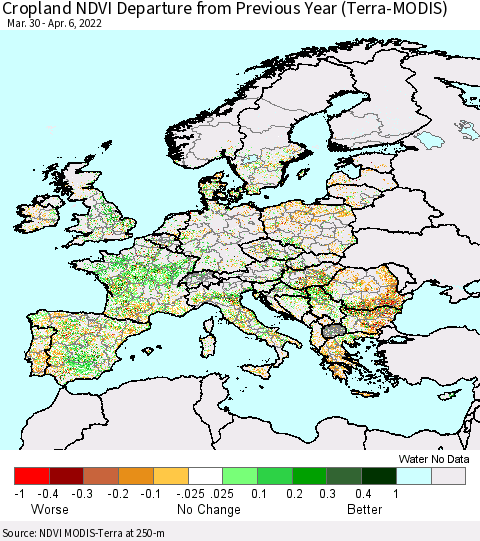 Europe Cropland NDVI Departure from Previous Year (Terra-MODIS) Thematic Map For 3/30/2022 - 4/6/2022