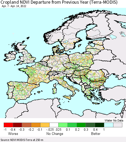Europe Cropland NDVI Departure from Previous Year (Terra-MODIS) Thematic Map For 4/7/2022 - 4/14/2022