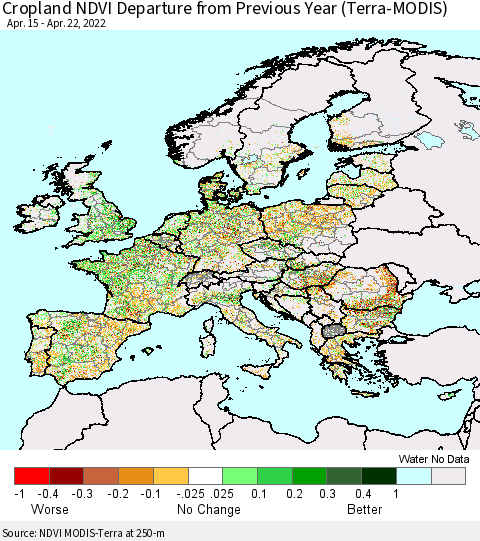 Europe Cropland NDVI Departure from Previous Year (Terra-MODIS) Thematic Map For 4/15/2022 - 4/22/2022