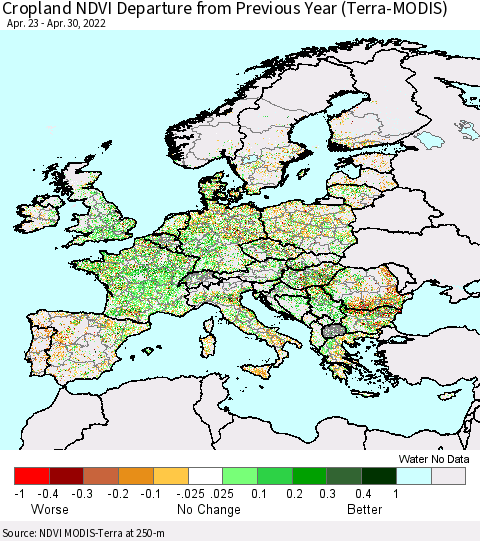 Europe Cropland NDVI Departure from Previous Year (Terra-MODIS) Thematic Map For 4/23/2022 - 4/30/2022