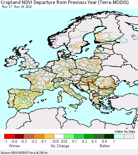 Europe Cropland NDVI Departure from Previous Year (Terra-MODIS) Thematic Map For 5/17/2022 - 5/24/2022